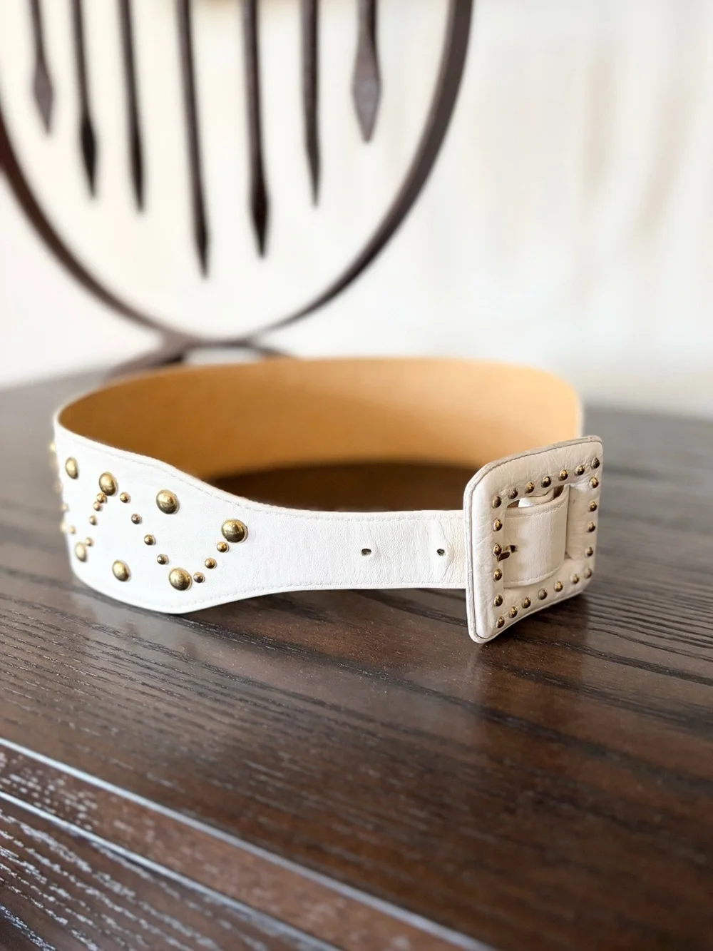 Yves Saint Laurent Vintage 90s Y2K White Leather Gold Studded Waist Belt Small S - Picture 2 of 6